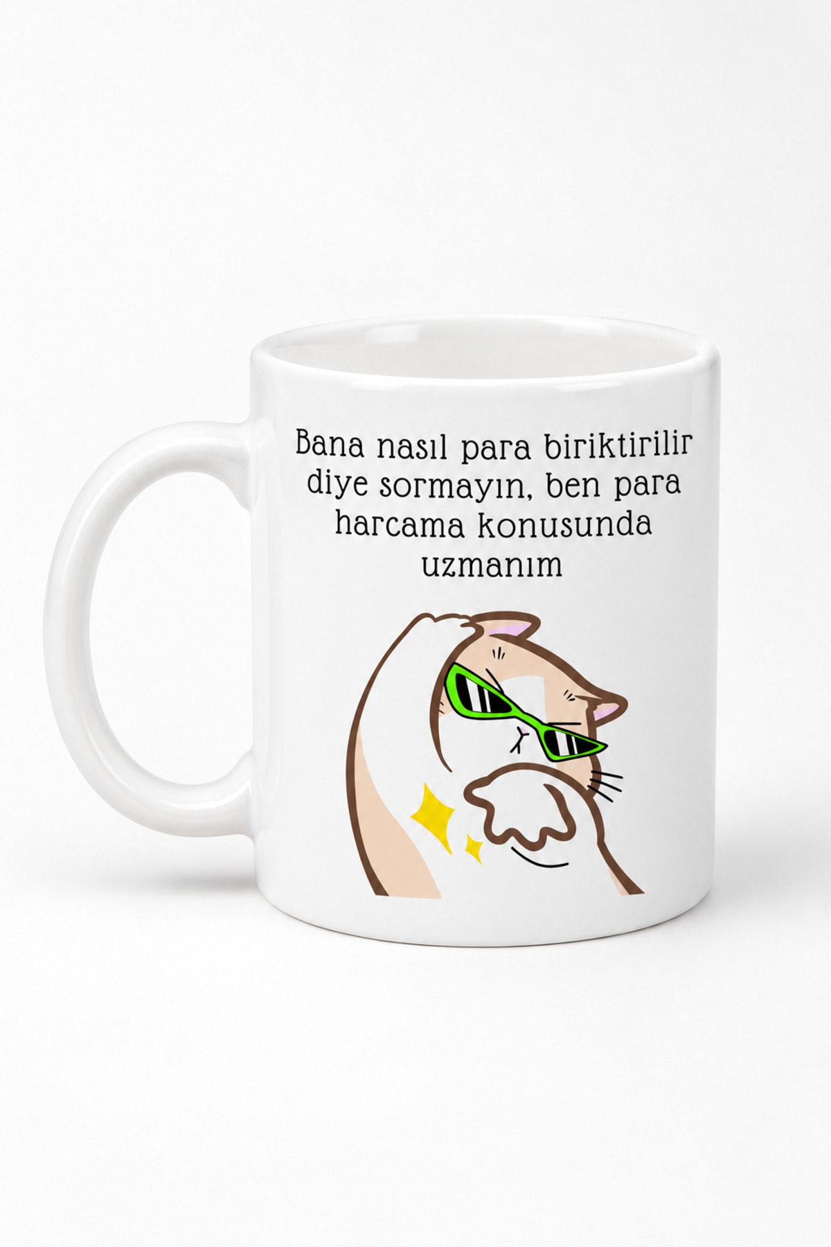 Gözlüklü Kedi Baskılı Kupa Bardak - Özel Tasarım Porselen Hediye Kupa · Beyaz